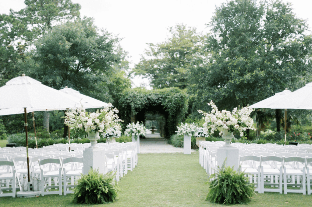 Garden white and green floral wedding walkway