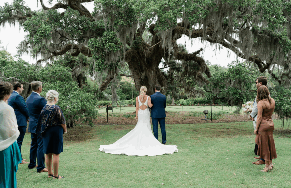 Private elopment wedding under willow tree