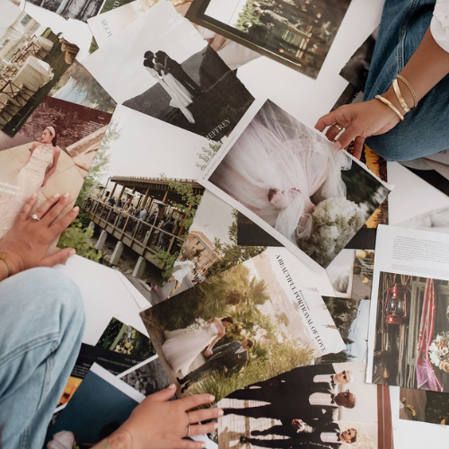 Wedding and couple photos scattered on floor