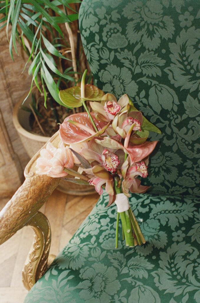 NJ Wedding Pink Bouquet on Green Chair