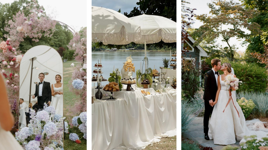 Elegant outdoor wedding inspiration collage featuring a bride and groom beside a floral mirror installation, a styled dessert display with fringed umbrellas by the water, and a romantic garden wedding portrait.